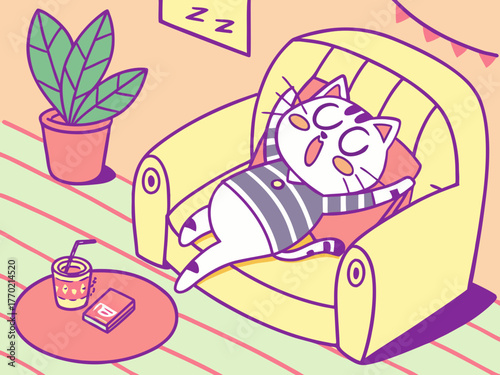 a tired cat is lying on the sofa, The concept of laziness, a cat taking a break from overeating, a couch potato, stagnation, apathy, burnout, self-destruction