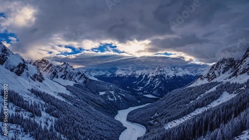 ski resort in the alps. Magical Time-lapse of the sun's rays over in Snowy Alps, Misty Winter Mountains Timelapse