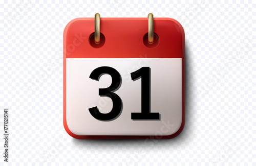Vector illustration of a square desk calendar icon showing the number 31, red top bar and white page with metal rings, crisp glossy shading and soft shadow. Isolated on transparent background for app,