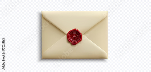 Vector illustration of a closed beige envelope with crossed flaps and red wax seal, soft folds, subtle shadows, and glossy highlights. Isolated on transparent background for branding, web, and print.
