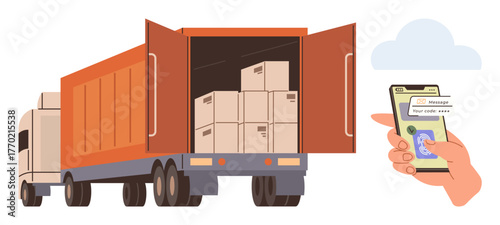 Truck unloading boxes and person tracking shipment on smartphone. Ideal for logistics, delivery service, supply chain, e-commerce, transportation, retail, customer service. Simple flat metaphor