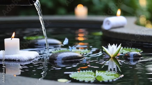 A tranquil, zen-inspired spa setting by the water.bamboo spout gently pouring water into the pool. - A candle with a flickering flame near rolled-up towels, white lilies. Tiny BUTTERFLIES hover around