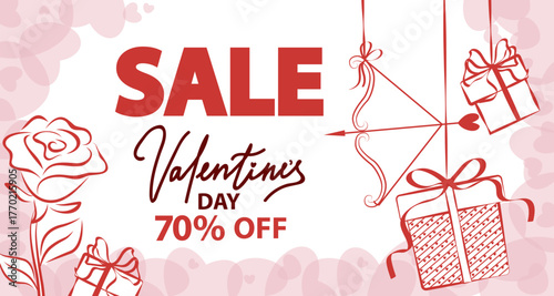 Valentine s Day sale announcement featuring a vector illustration of gifts, a rose, and an arrow. Bold red text highlights a 70 discount. Perfect for seasonal promotions.