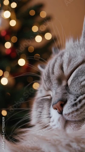 Portrait of a cat against a background of Christmas lights. Cat Against a Christmas Tree Background