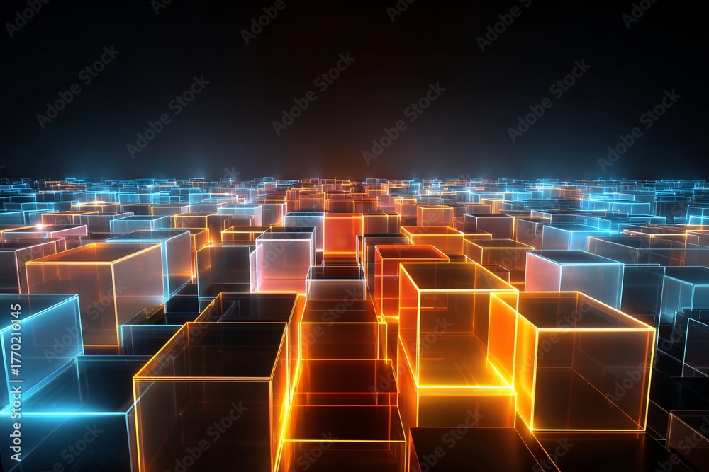 Fototapeta premium Futuristic stock exchange floor composed of floating blockchain cubes, stylized 3D illustration, energetic LED lighting
