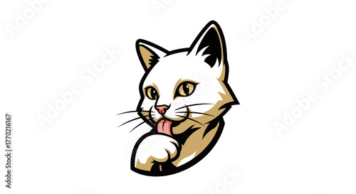 Cartoon White Cat Licking Paw with Tongue Out.