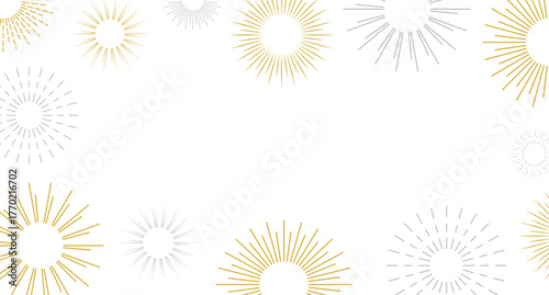 Firework border background, gold and silver fireworks frame, firework banner, New Year 2026 greeting with firework bursts, festive mood.