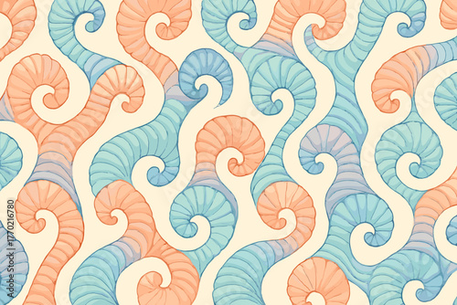 Seashell organic symphony pattern illustration featuring background pastel shapes symmetry vector seamless
