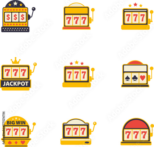 Casino jackpot Slot machine. Jackpot poker 777 slot machine icons. Gambling fortune vector concept. Illustration of game machine, gaming casino, one arm bandit. Lucky icons set.