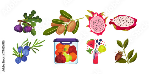 Vibrant and fresh fruit assortment including figs, dragon fruit, berries, and smoothie ingredients for healthy eating and wellness.