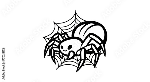 Cute Cartoon Spider in Web Illustration for Halloween.