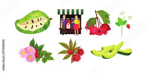 Fresh fruits and market scene with shoppers, vibrant food illustrations perfect for healthy lifestyle, wellness, and culinary projects