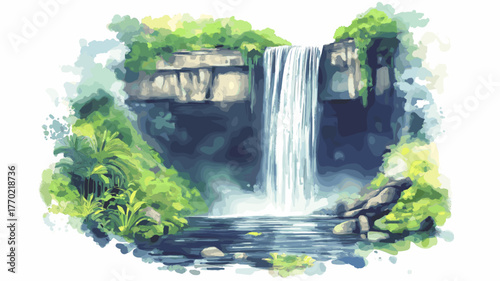 Pailon del Diablo Waterfall. Pailon del Diablo Waterfall hand drawn watercolor illustration