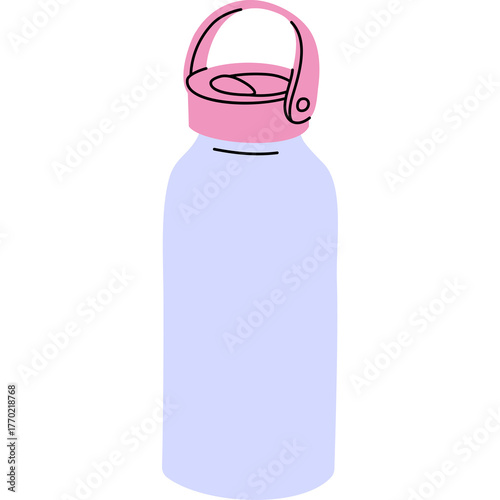 Simple illustration of a light blue water bottle with a pink lid and handle against a white background isolated object with clean lines