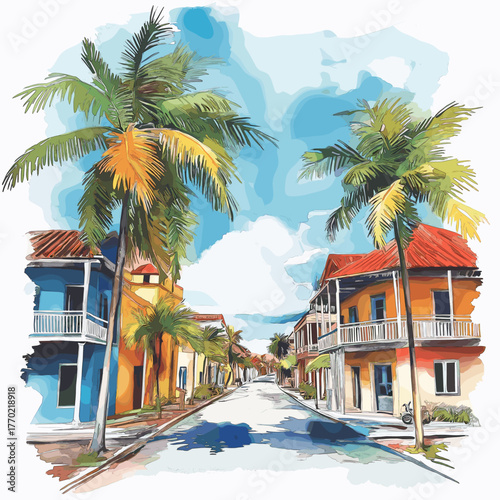 Paramaribo Historic Inner City. Paramaribo Historic Inner City hand drawn watercolor illustration
