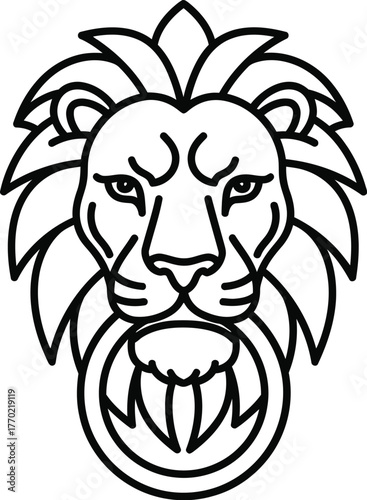 Lion head door knocker vector illustration. Lion door knocker antique decorative architectural ornament vector illustration line icon, silhouette 