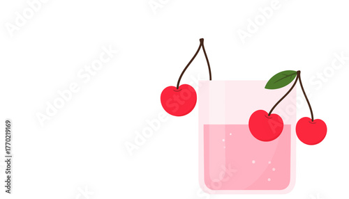 Illustration of a glass of pink cherry juice with cherries hanging on the side.