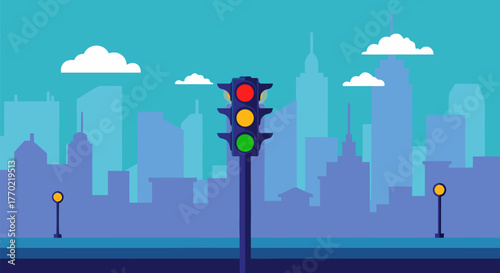 A stylized traffic light with all signals illuminated against a cartoon city skyline background, a flat design vector illustration for urban transport concepts