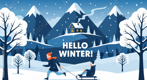 Embrace the season with a cozy winter scene, featuring playful sledding down snow-covered hills towards a charming cabin under majestic mountains