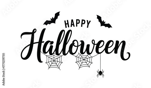 Happy halloween hand-lettered typography with bats spiderwebs and hanging spider festive graphic design for spooky season celebrations isolated on white background