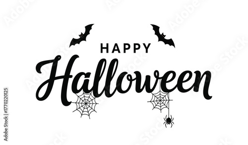 Spooky happy halloween text design with bats cobwebs and spider festive holiday greeting for seasonal celebrations isolated on white background