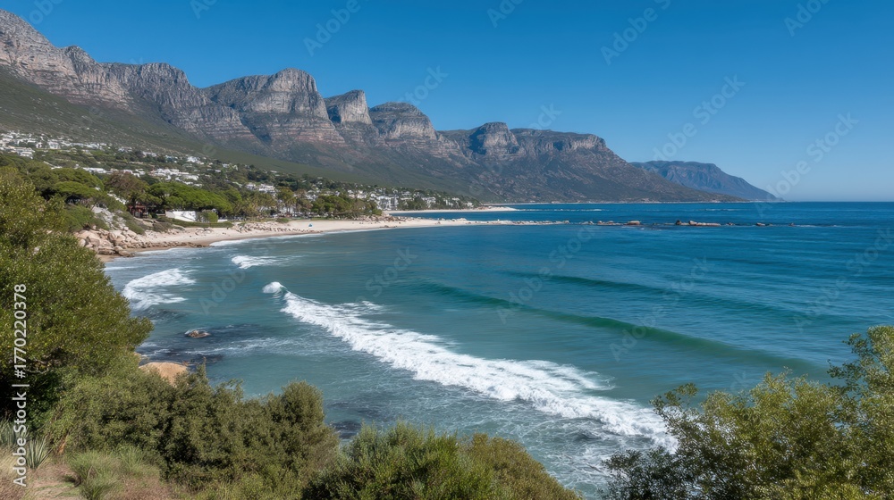 Fototapeta premium Scenic coastal view with waves and mountains cape town landscape photography bright day panoramic perspective