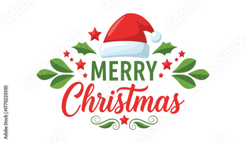 Festive merry christmas typography design with santa hat holly leaves and stars for holiday celebrations and greetings isolated on white background