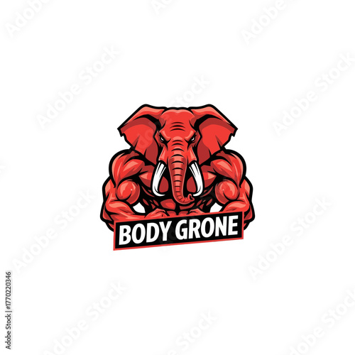 A muscular red elephant logo with the text "BODY GRONE" displayed on a banner.