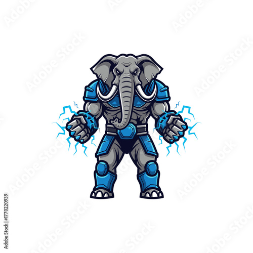 A formidable, muscular elephant mascot character wearing blue armor, emanating electric power from its clenched fists.