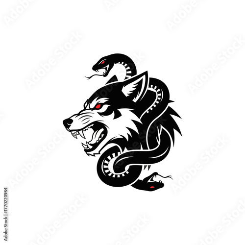 Fierce wolf head snarling with a serpent wrapped around, both with red eyes, black and white.