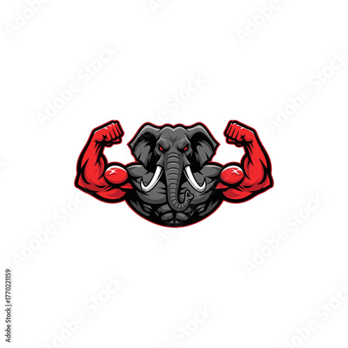 Cartoon illustration of a muscular elephant with red arms flexing its biceps, showcasing strength and power.