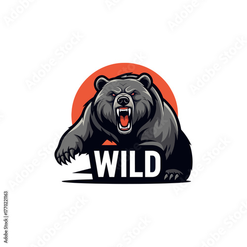 A ferocious grizzly bear mascot roaring aggressively, with sharp claws and the word WILD.