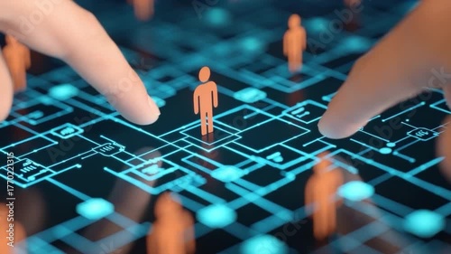 Abstract digital network with silhouettes of people representing virtual connectivity and data exchange in technology 4k video footage