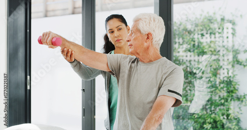 Physiotherapy, weights and woman with senior man for mobility, rehabilitation and physical therapy. Healthcare, chiropractor and patient with dumbbells for stretching, muscle recovery and strength