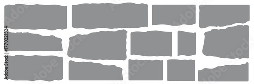 Set of black frames made of torn paper with jagged edges. Rectangles and torn silhouettes for collage, sticker, banner, label, text box. Grunge vector elements isolated on white background