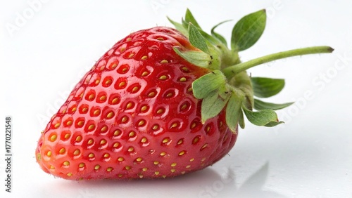 A single ripe, red strawberry with a green leaf, isolated on a white background, is a fresh, sweet fruit object