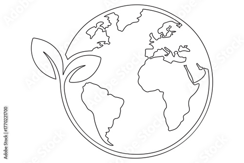 Earth and plant sprout one line minimal illustration for environment care and global sustainability
