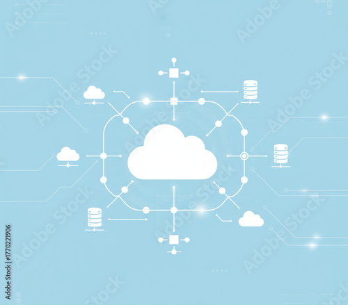 Cloud Computing Network A White Cloud Icon Surrounded by Data Connections on a Light Blue Background
