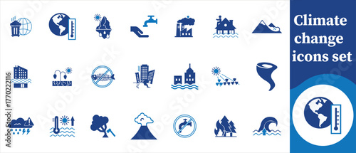 Climate change icon set, climate change, global warming, carbon footprint, renewable energy, sustainability, eco-friendly, greenhouse gases, pollution, recycling, solar energy and more