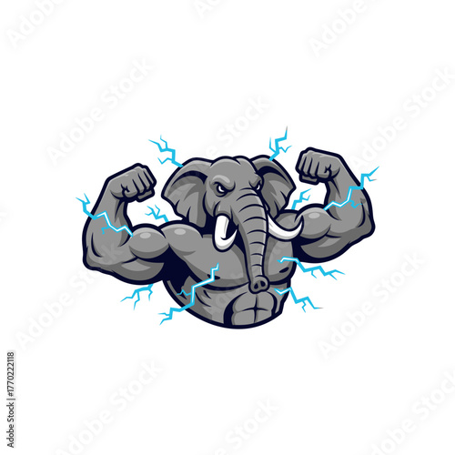 A powerful gray elephant mascot flexes its muscular biceps, radiating blue electrical energy.