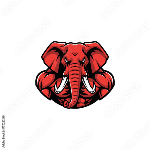 A powerful, muscular red elephant with large tusks and an intense gaze, depicted in a stylized, graphic illustration.