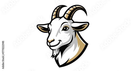 Detailed Illustration of a White Goat Head with Curled Horns.