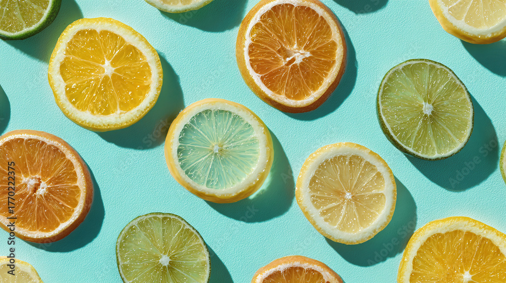 Obraz premium A vibrant arrangement of citrus fruit slices. The image showcases various slices in a pattern