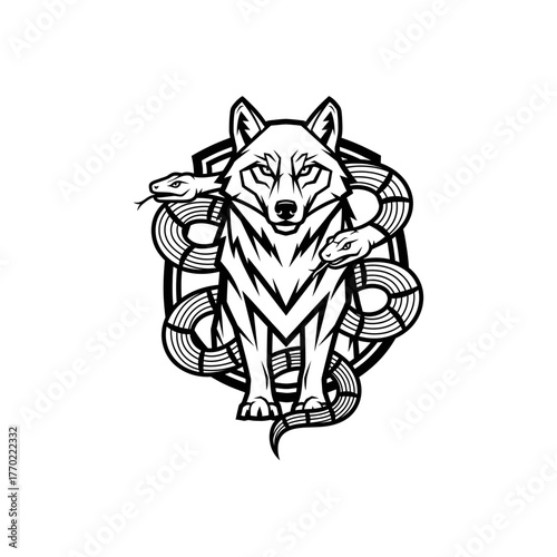 A stylized, black and white illustration of a wolf standing behind a shield, with two snakes wrapped around it.