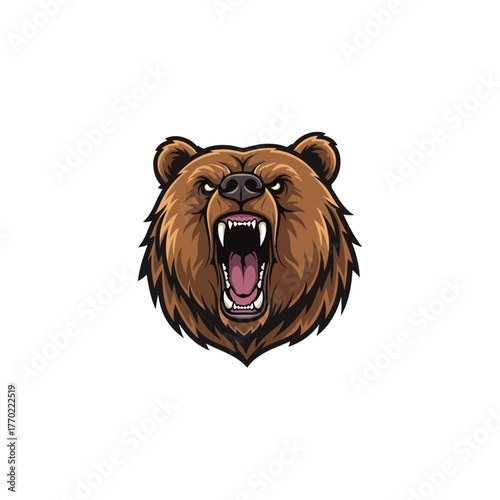 A detailed illustration of an angry grizzly bear head roaring, showing sharp teeth and a fierce expression.