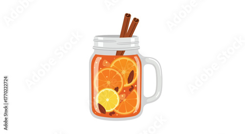 A glass mason jar filled with orange slices and cinnamon sticks