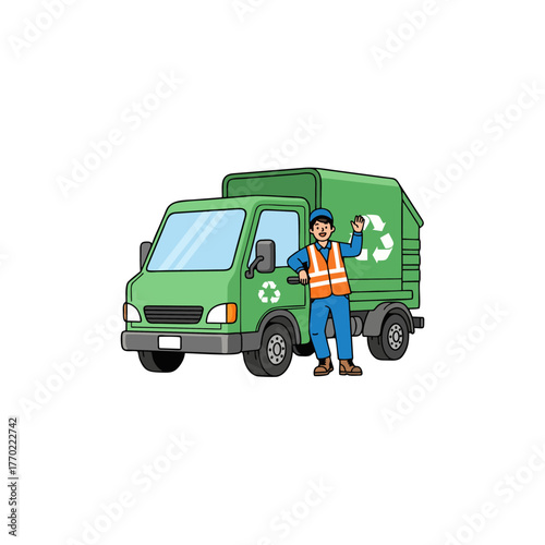 A friendly sanitation worker in a high-visibility vest stands beside a green recycling truck, waving to the viewer.
