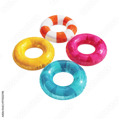 Four colorful inflatable swim rings isolated on a black background