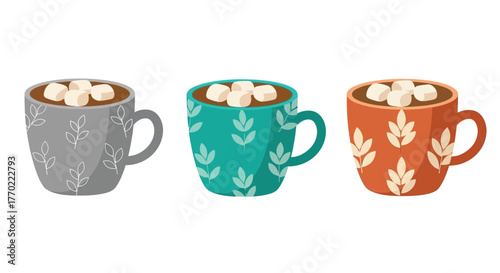 Three colorful mugs filled with hot chocolate and marshmallows displayed