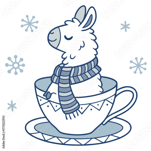 Cute Joyful Llama, accessorized with sitting in a teacup ride, in a Cozy winter world – Frosty Winter palette vector